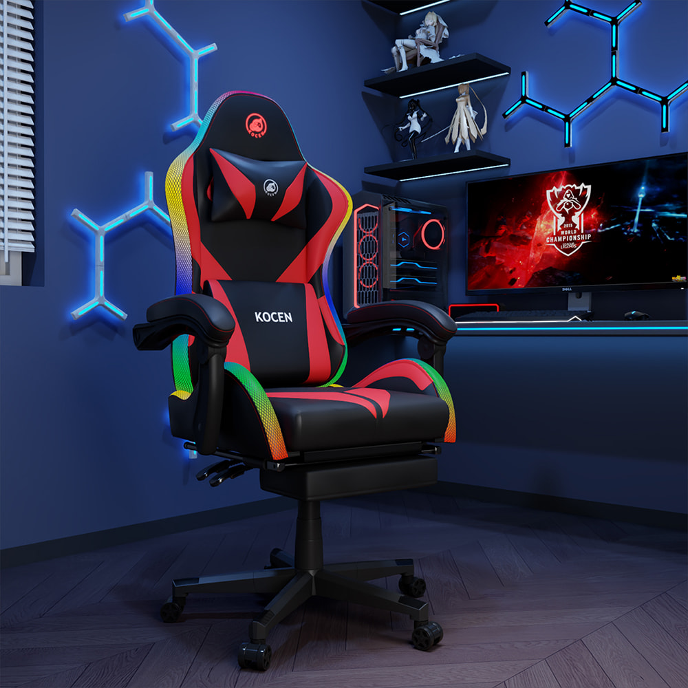 Gamingstoel van PU-leer, Esports-stoel met meerkleurige verstelbare RGB-verlichting, USB-voeding, afstandsbediening