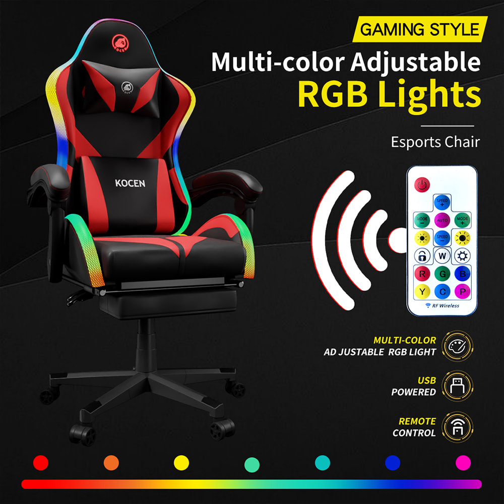 Gamingstoel van PU-leer, Esports-stoel met meerkleurige verstelbare RGB-verlichting, USB-voeding, afstandsbediening Gamingstoel van PU-leer, Esports-stoel met meerkleurige verstelbare RGB-verlichting, USB-voeding, afstandsbediening