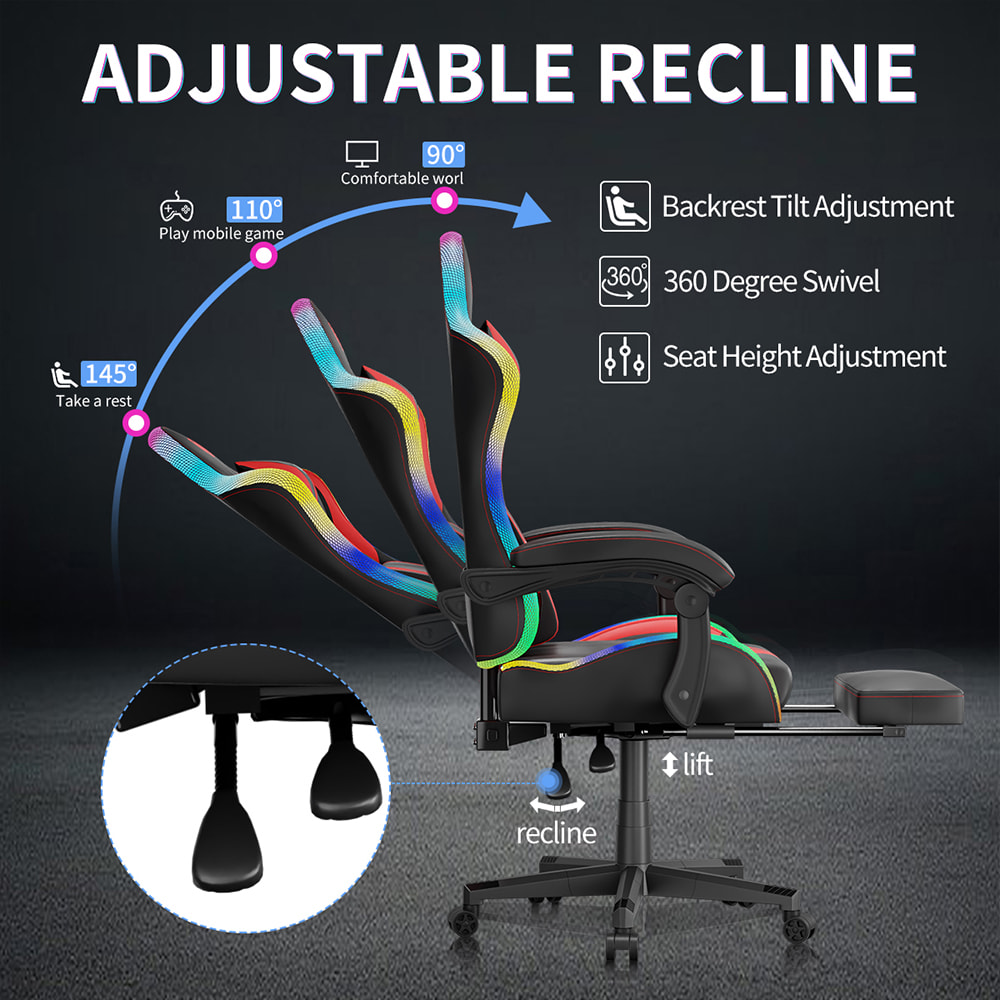 Gamingstoel van PU-leer, Esports-stoel met meerkleurige verstelbare RGB-verlichting, USB-voeding, afstandsbediening Gamingstoel van PU-leer, Esports-stoel met meerkleurige verstelbare RGB-verlichting, USB-voeding, afstandsbediening
